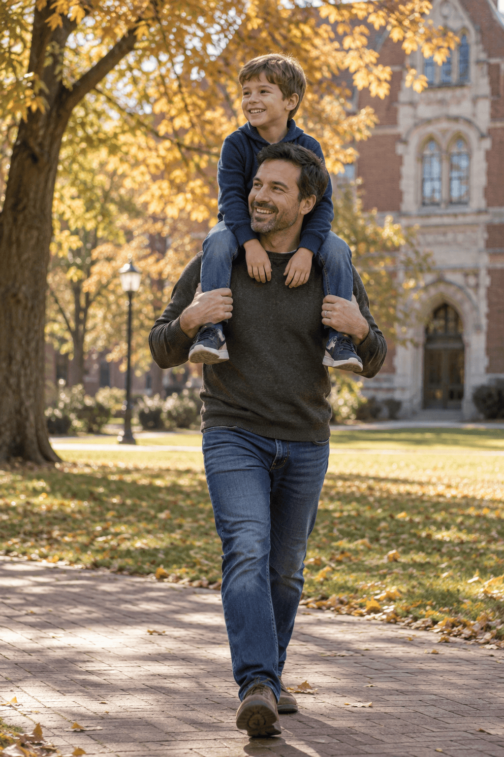 A seven-year-old on his father's shoulders, walking across a college campus.