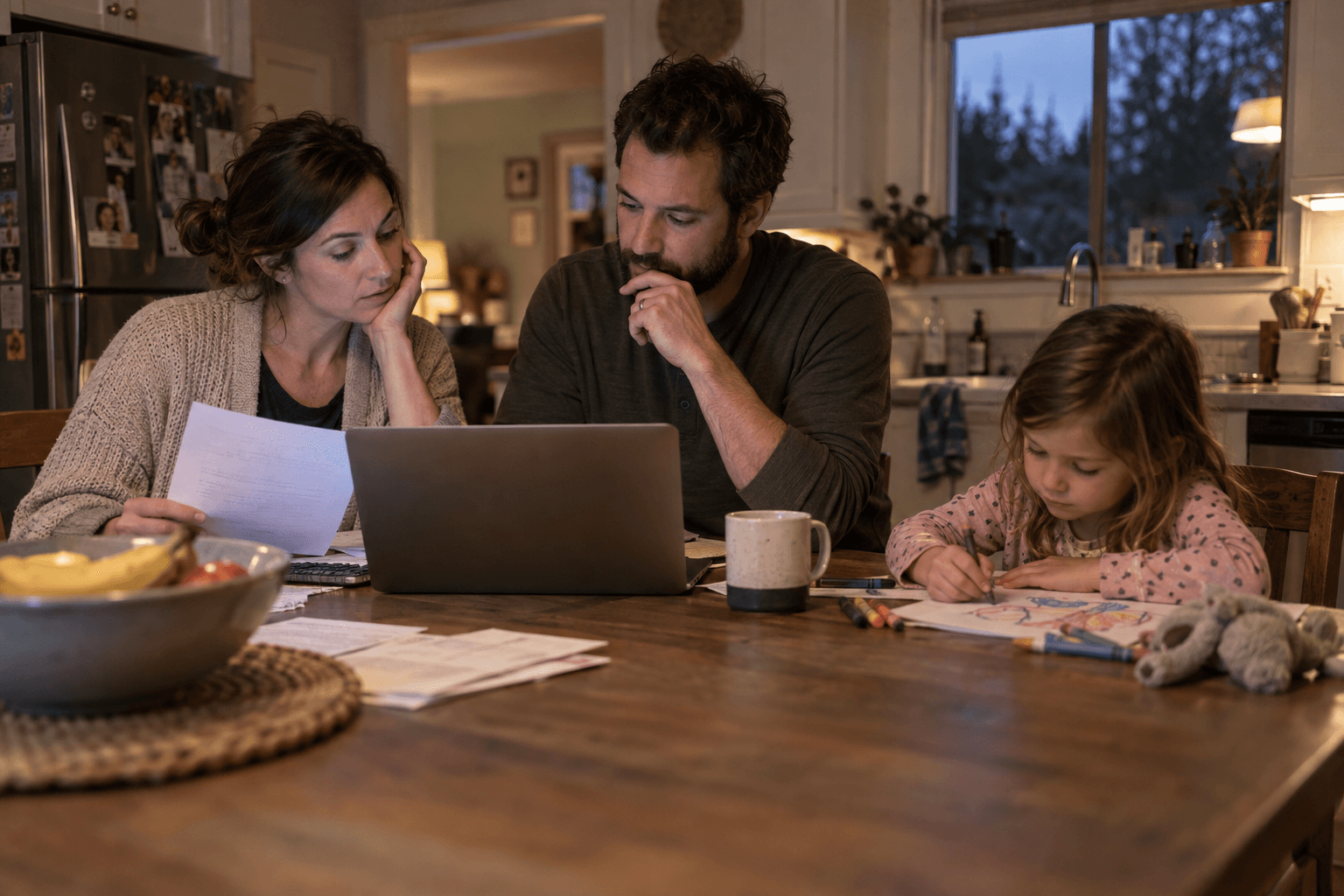 Parents at a kitchen table in the evening, their young daughter drawing beside them.