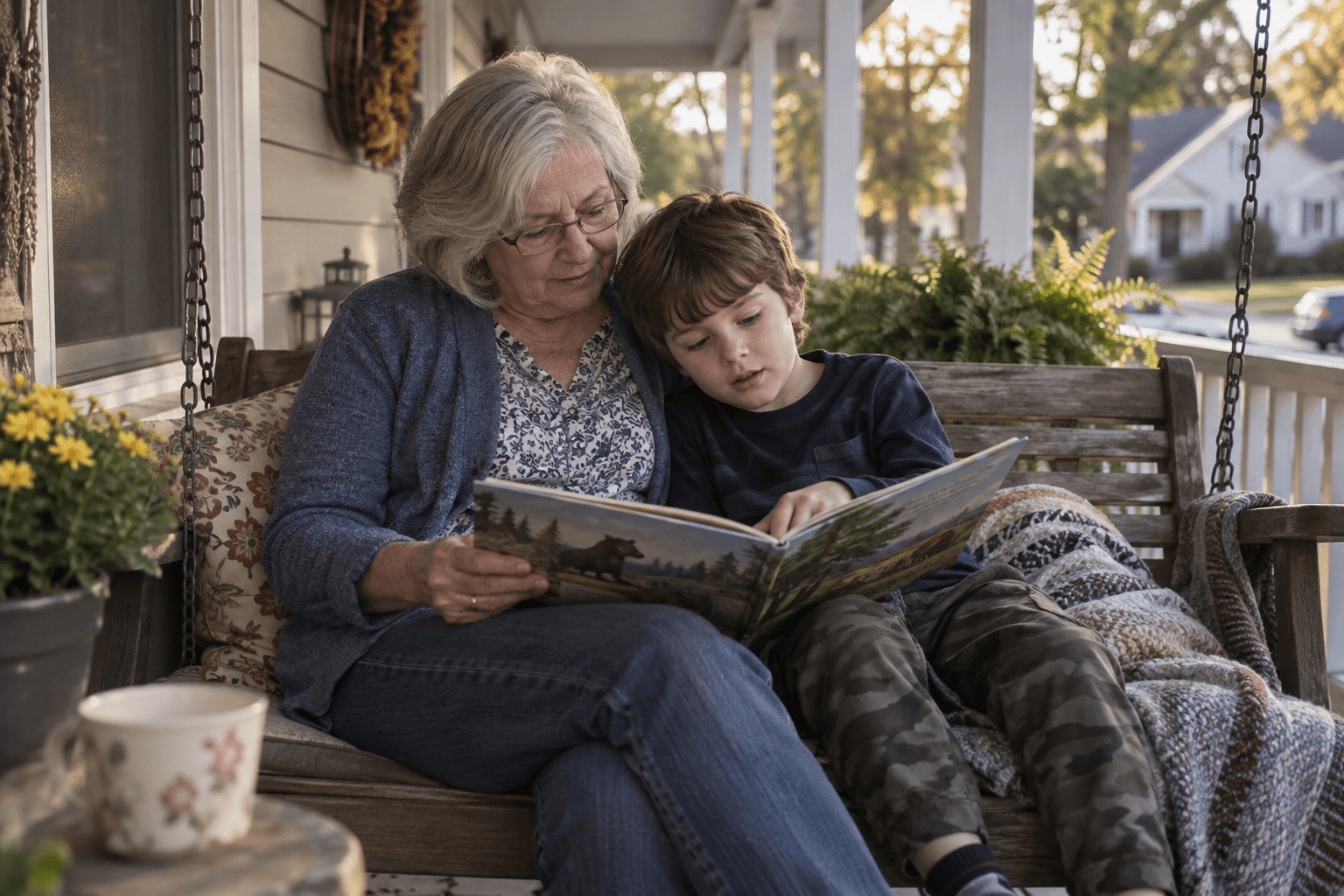 A grandmother reading with her grandson on a porch swing.