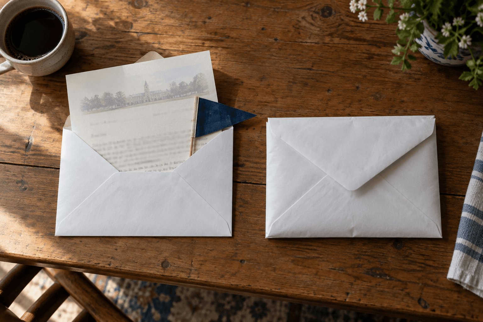 Two envelopes on a kitchen table, one opened.